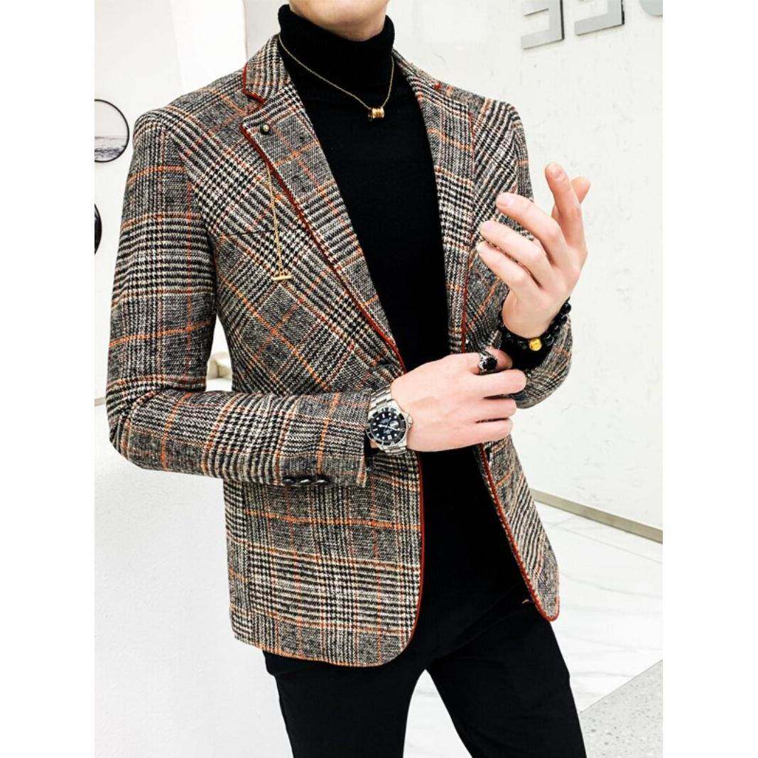 休闲毛呢西装外套男春季韩版修身潮流覆古小西服短款帅气格子男装