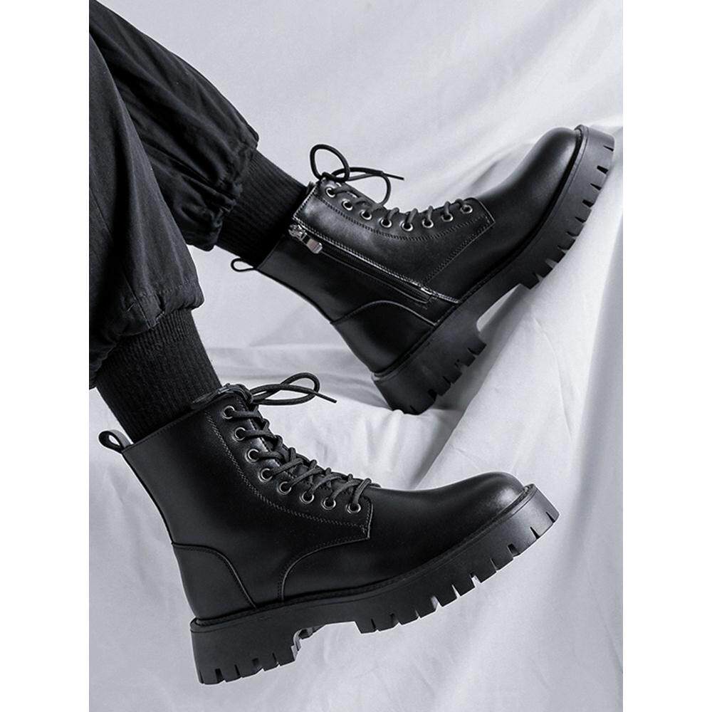 马丁靴男秋冬季高帮中筒靴加绒保暖耐磨英伦风工装增高黑色靴子男