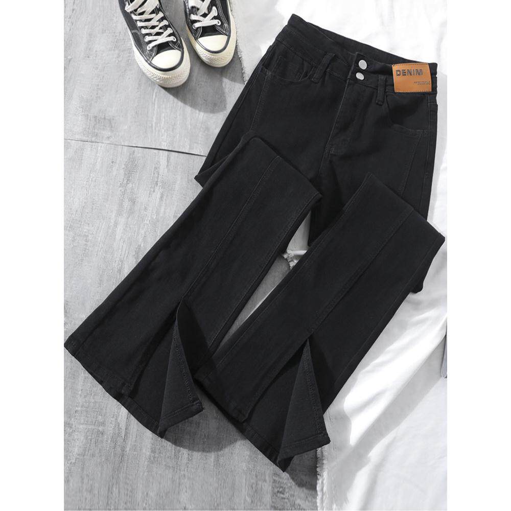 韩国黑色开叉牛仔裤女春装2025年新款高腰显瘦拖地分叉微喇叭裤子