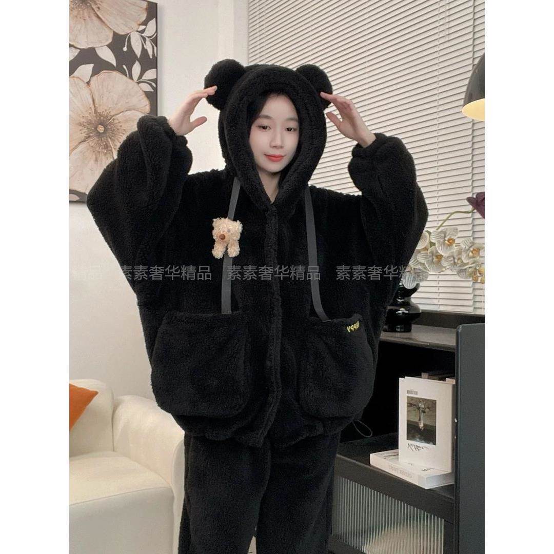 黑色可爱小熊加绒加厚连帽情侣睡衣男女冬季宽松外穿珊瑚绒家居服