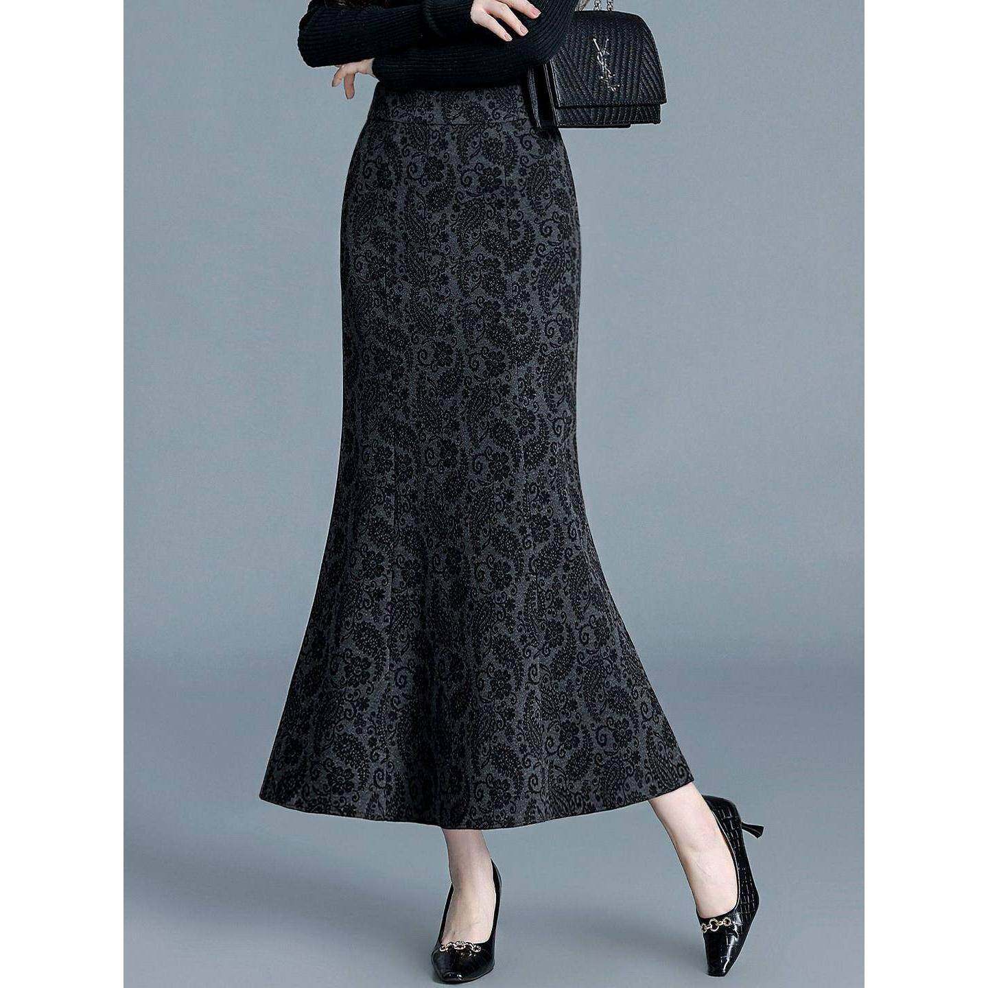 覆古印花半身裙女秋冬新款时尚气质高腰显瘦中长款A字百褶鱼尾裙