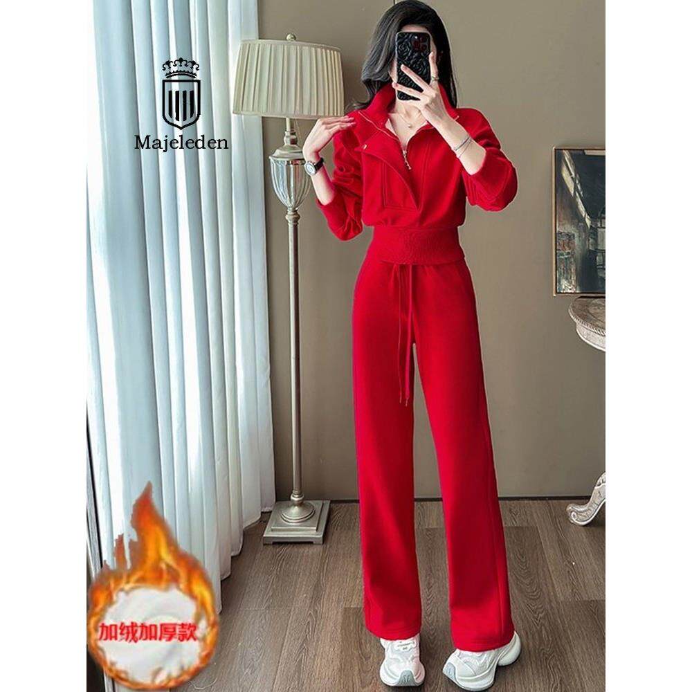 正品2025年秋冬季新款减龄洋气时尚休闲加绒红色卫衣一整套装女潮