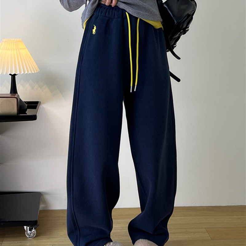 刺绣高腰抽绳阔腿加绒卫裤女秋季宽松加厚保暖休闲弯刀运动裤