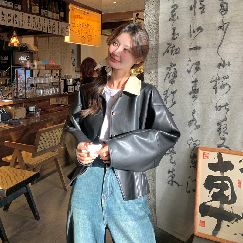 黑色复古设计感皮衣外套女2025年秋季新款韩系休闲小个子PU皮夹克图片