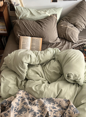 ins风简约超柔软美拉德绿色撞色水洗棉床上四件套宿舍床单三件套