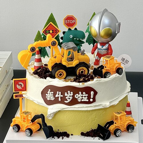 儿童挖掘机蛋糕装饰摆件惯性挖土机工程车路障男孩生日甜品装扮