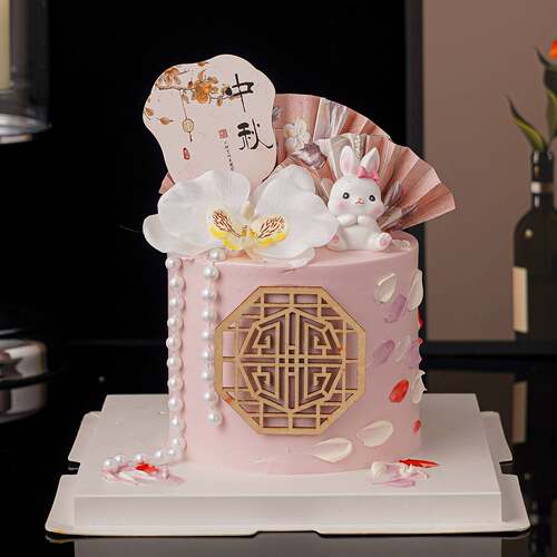 2025中秋节蛋糕装饰可爱卡通小兔子摆件中式折扇蝴蝶兰装扮插件