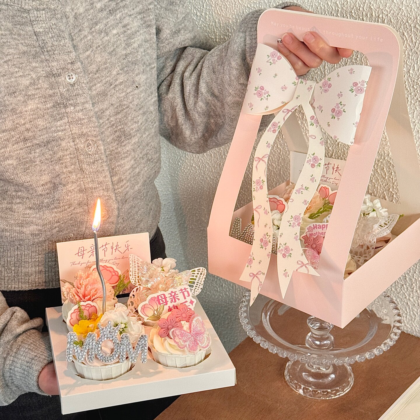 母亲节纸杯康乃馨手提盒蛋糕装饰妈妈生日蝴蝶结甜品盒烘焙装扮