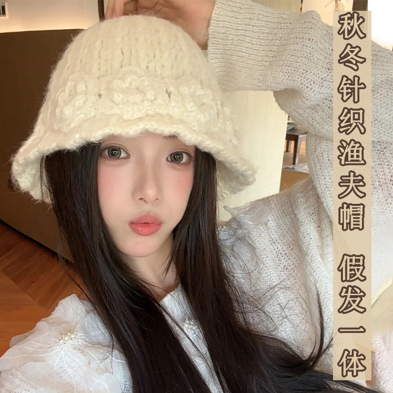 针织帽假发一体女秋冬保暖仿真发