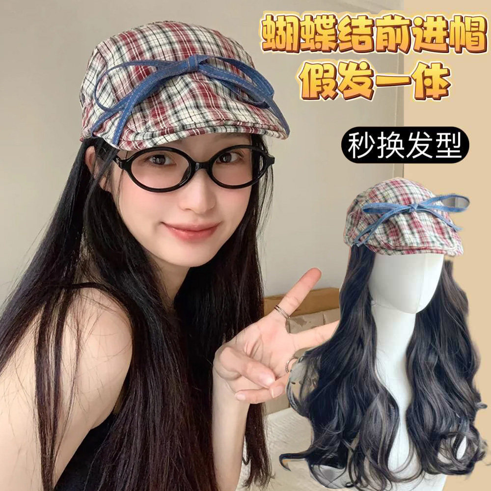 假发帽子一体女长发蝴蝶结前进帽时尚贝雷帽ins韩版百搭仿真发帽