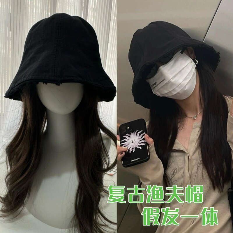 帽子假发一体女仿真长直发复古毛边防晒遮阳渔夫帽大头围日常百搭