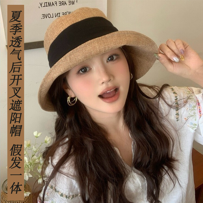帽子假发一体女仿真长直发日系亚麻蝴蝶结大帽檐遮阳渔夫帽增发量