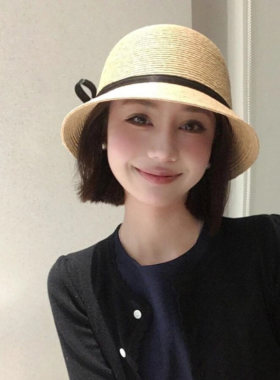 帽子假发一体仿真短直发法式优雅圆顶拉菲草帽夏季遮阳防晒假发帽