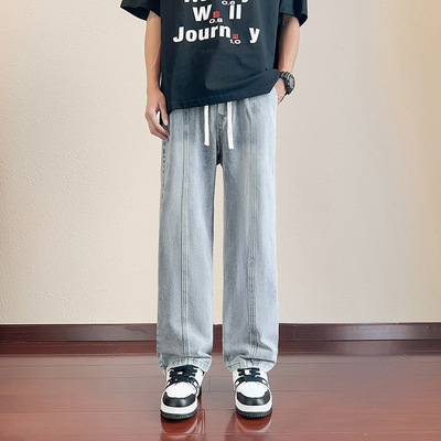 卡蒙奇牛仔时尚百搭浅蓝色宽松阔腿男式牛仔裤青少年潮流裤子