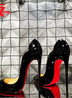 真皮cl红底高跟鞋12cm细跟hot chick波浪V口浅口法式尖头单鞋13cm