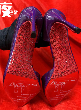 夜巴黎 内侧空水钻底高跟鞋红底鞋镭射紫色黑色漆皮单鞋浅口细跟