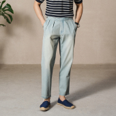 艾比路春夏复古绅士GURKHA廓尔格宽松双褶绅装 洗水蓝九分牛仔裤