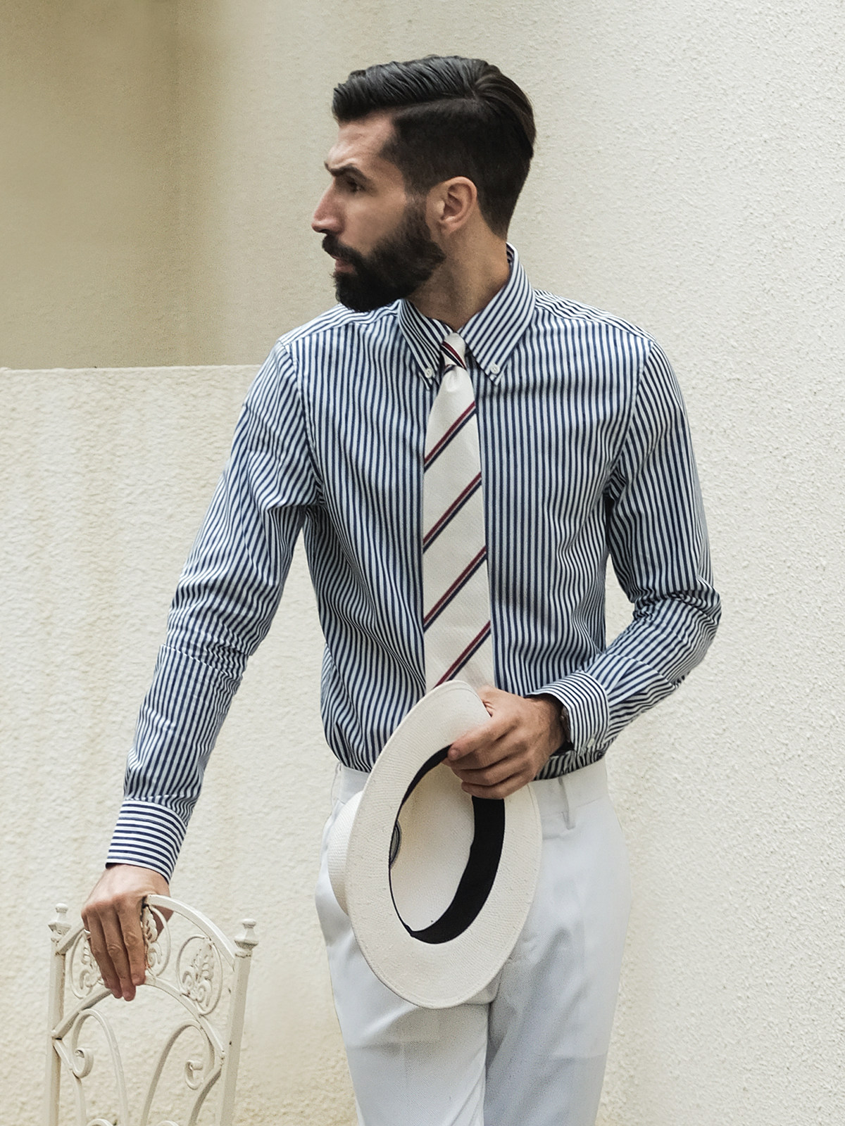 艾比路春夏复古绅士bengal条纹高织长绒棉纽扣尖领长袖男衬衫