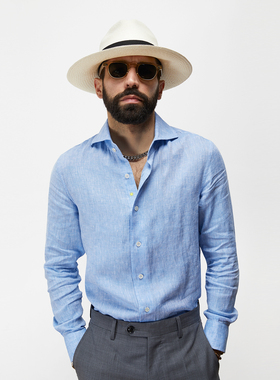 春夏复古雅痞绅士NAPOLI温莎领纯色长袖亚麻衬衫洗水Pitti Uomo男