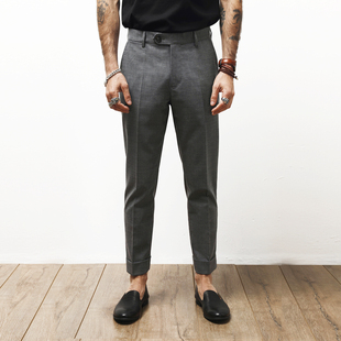夏季 高端120支超轻薄90%精纺羊毛修身 复古翻边西裤 男小脚九分长裤