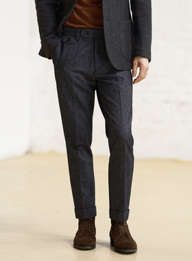 艾比路DU家意大利进口羊毛牛仔靛蓝NAPOLI修身九分卷边西裤