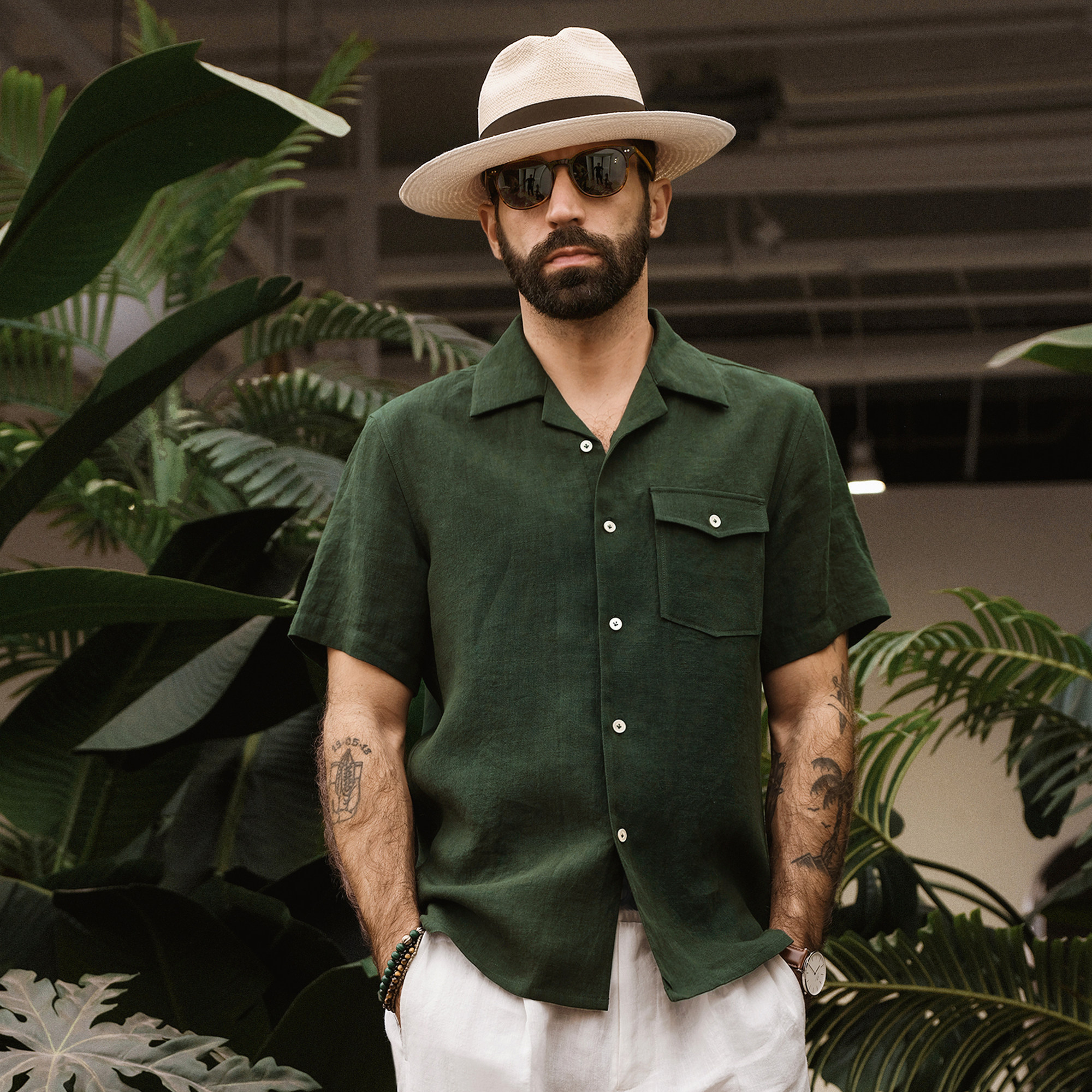 『ALOHA SHIRT』夏季皱感水洗纯亚麻复古绅士宽松古巴领短袖衬衫