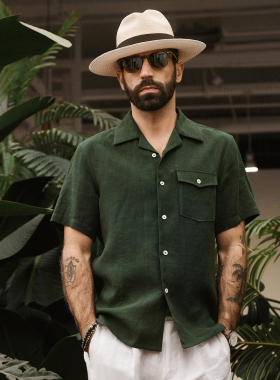 『ALOHA SHIRT』夏季皱感水洗纯亚麻复古绅士宽松古巴领短袖衬衫