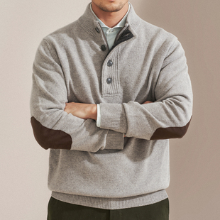 艾比路25秋冬英式 复古高领毛衣英国羊毛半开襟套头肘贴保暖针织衫