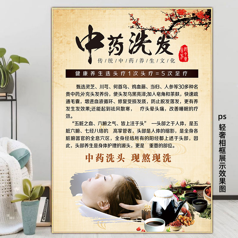 中药洗头海报宣传画茶麸洗发头疗图片中医养发馆装饰画姜疗墙贴画