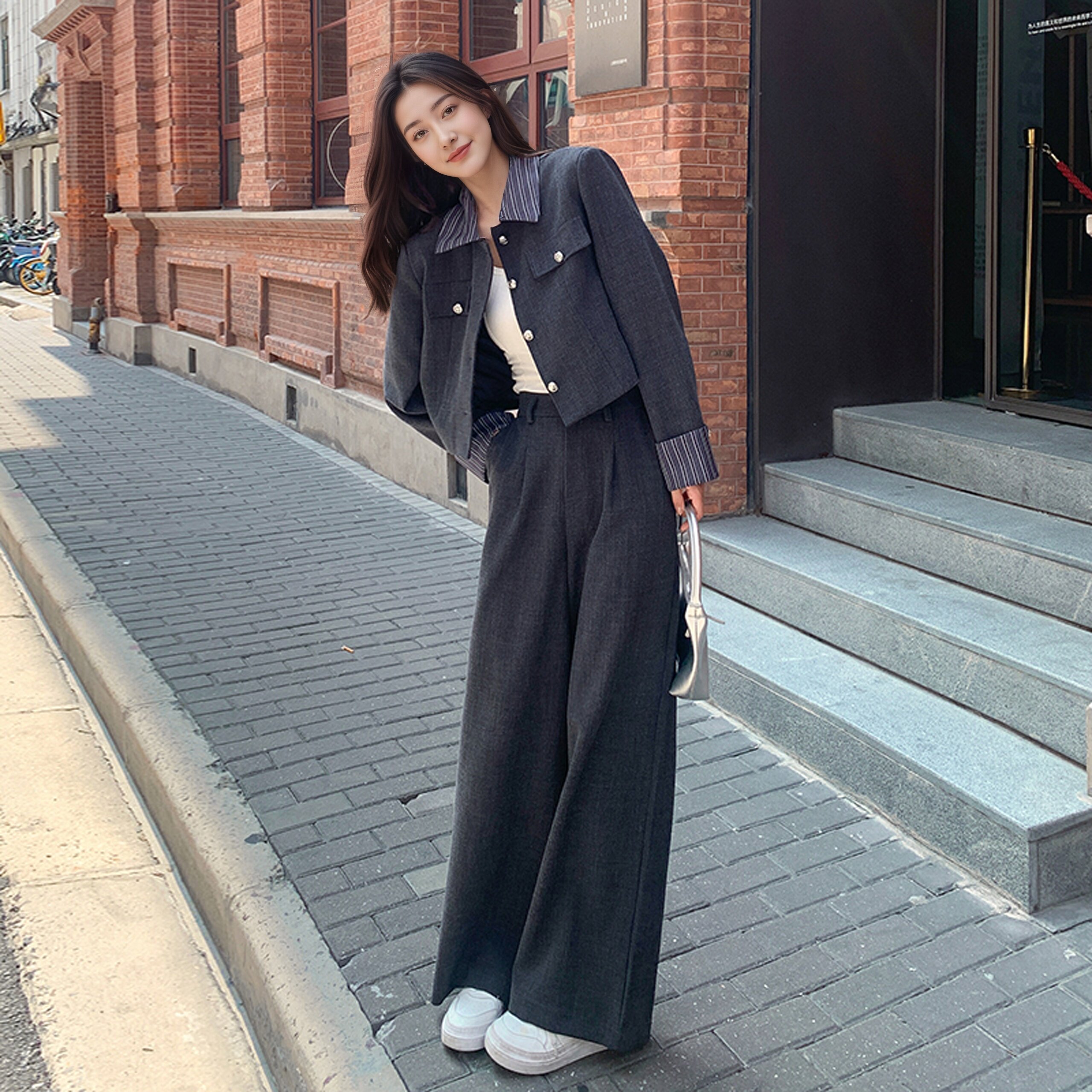 秋季穿搭高级感套装女2025新款盐系轻熟气质通勤休闲阔腿裤两件套