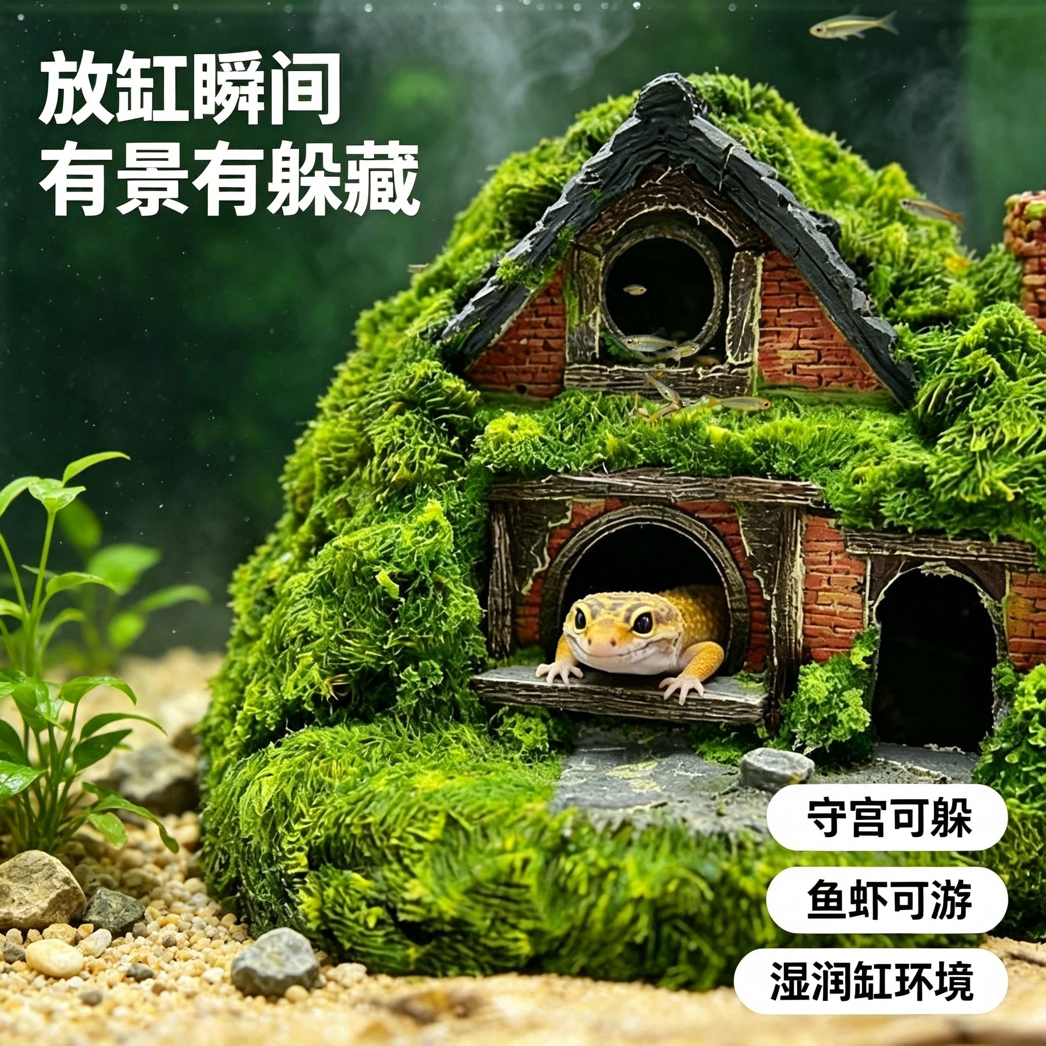 爬宠躲避屋小房子树脂摆件鱼缸造景装饰青苔蘑菇小房子卡通树脂