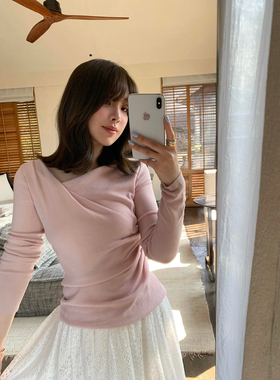 2025春荡领褶皱修身100%莱赛尔天丝马卡龙小女人打底衫上衣女