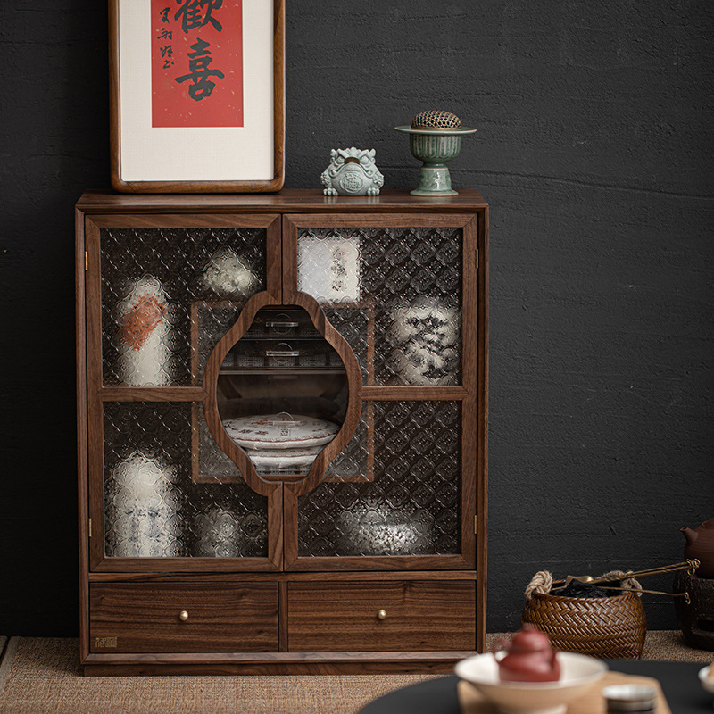 胡桃木满庭芳收纳柜 实木玻璃茶柜展示柜 茶具白茶普洱饼收纳柜
