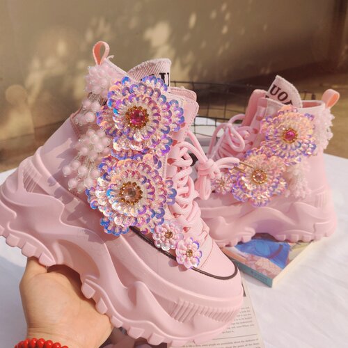 粉色水钻花朵厚底增高高帮女鞋