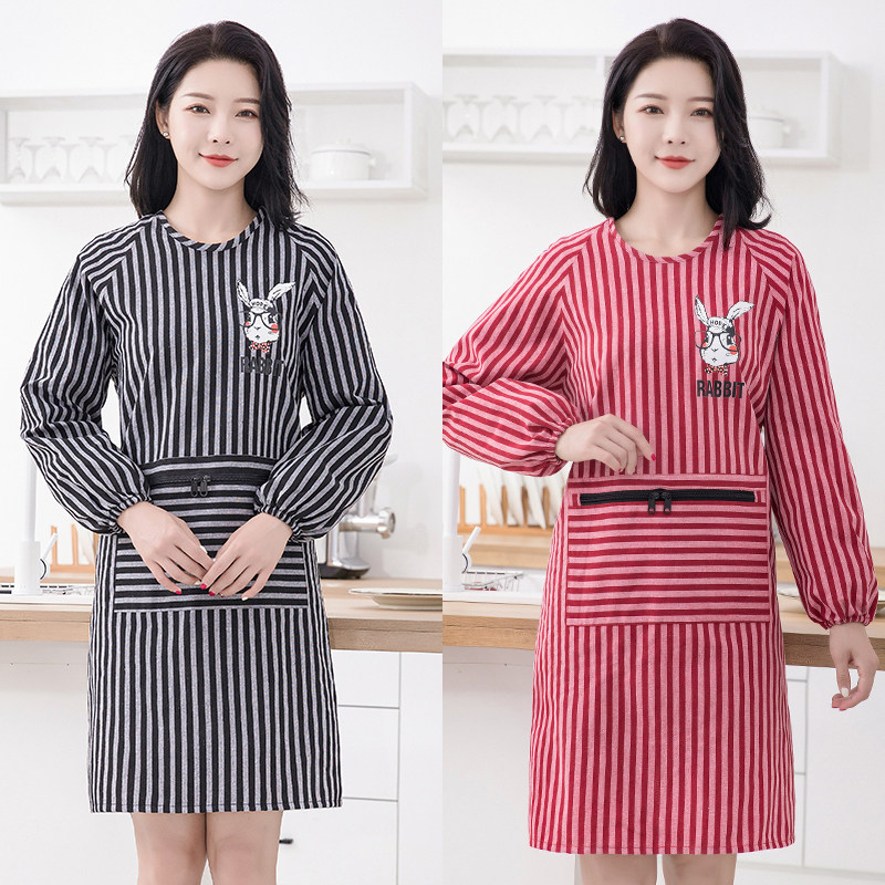 罩衣全棉布料反穿显瘦条纹包包衣拉链大口袋防尘围裙男女成人护衣