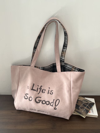 韩系麂皮绒双面大容量单肩包女秋冬慵懒风刺绣字母手提托特包包