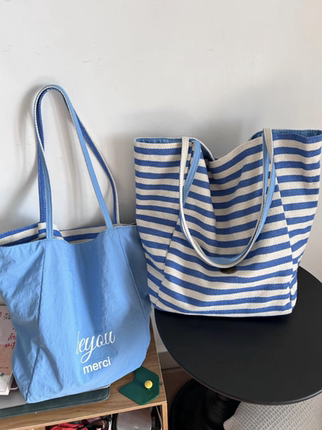 韩系蓝色条纹帆布包包女小众字母大容量单肩托特包尼龙布袋购物袋