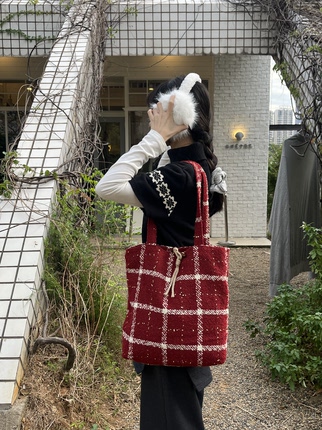 asm studio圣诞红毛呢单肩帆布包女秋冬新款复古格纹大容量托特包