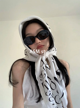 英文简约ins大方巾抹胸女丝巾飘带扎马尾夏防晒披肩字母发带头巾