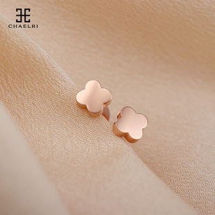 迷你简约小巧四叶草耳钉小镀18K金玫瑰金彩金女日韩版彩金耳鼓钉