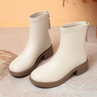 中跟短靴女加绒二棉鞋秋冬季粗跟方头靴子薄绒黑色保暖中老年靴子