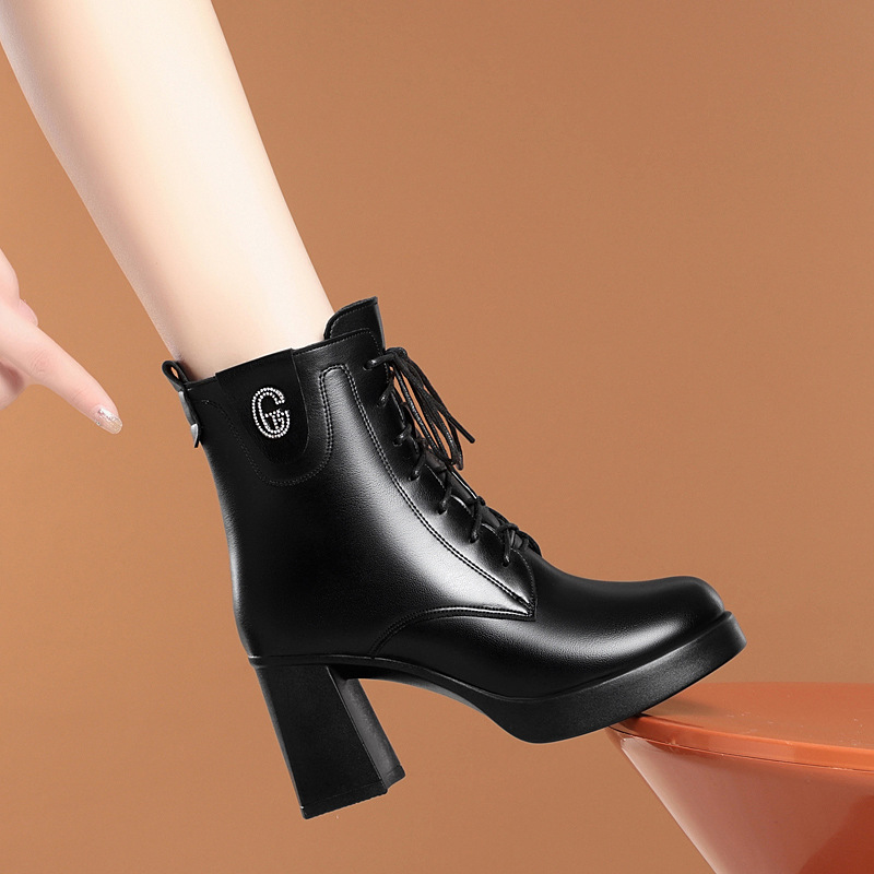 一件代发高跟马丁靴女冬2025秋冬加绒皮鞋短靴中年妈妈靴春秋单靴