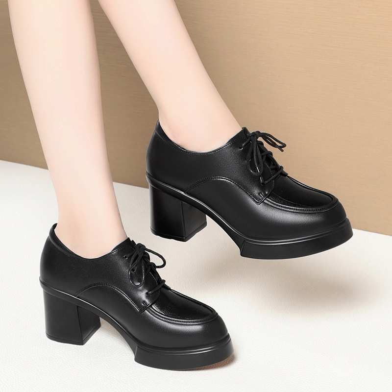 一件代发乐福鞋女春季新款圆头深口英伦风系带厚底高跟鞋单鞋皮鞋