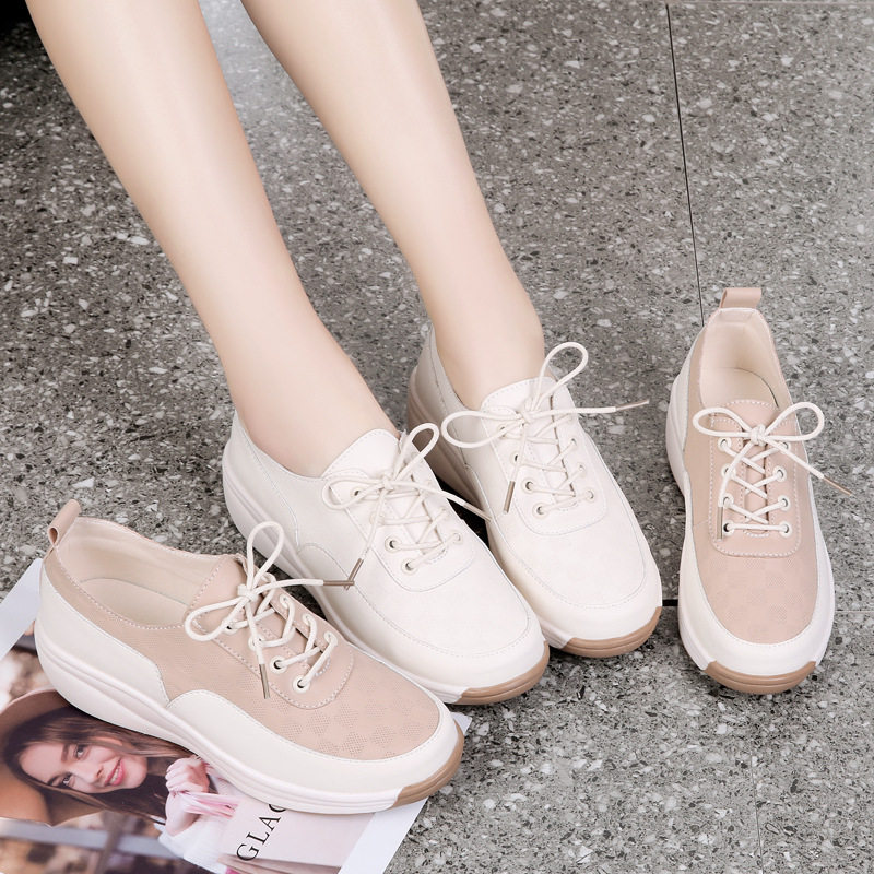 35-44大码女坡跟休闲系带摇摇鞋软底小白鞋百搭防滑透气妈妈鞋