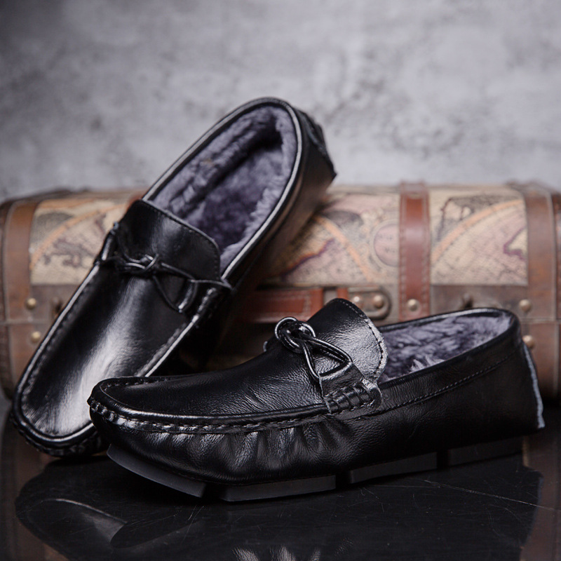 冬季男士豆豆鞋棉鞋低帮套脚牛皮面平底加绒保暖驾车休闲鞋小皮鞋