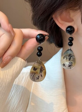 新中式水滴印花串珠耳环高级感复古轻奢气质耳钉小众设计文艺耳饰