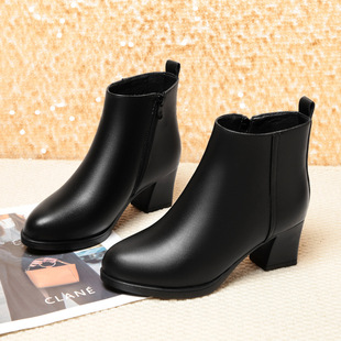 工作鞋黑色加绒职业女士皮鞋短靴工装棉鞋女鞋保暖舒适女靴子秋冬