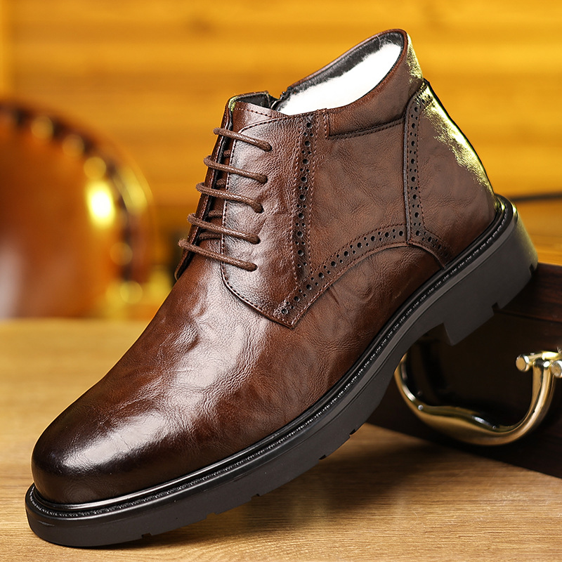 跨境冬季男士皮鞋商务棉鞋手抓纹高帮加绒保暖长辈正装皮鞋送爸爸