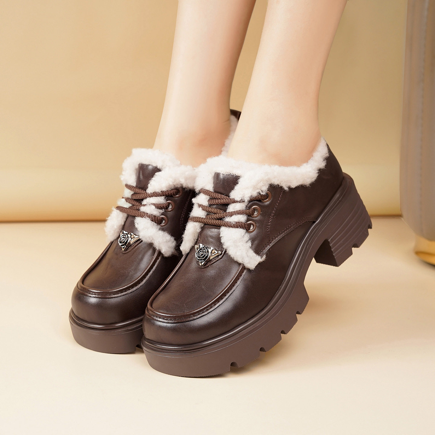 冬季小个子加绒乐福鞋女秋冬新款系带棉鞋毛毛豆豆鞋增高厚底皮鞋,运动鞋new,运动休闲鞋,淘宝优惠券,粉丝福利购,淘宝优惠卷