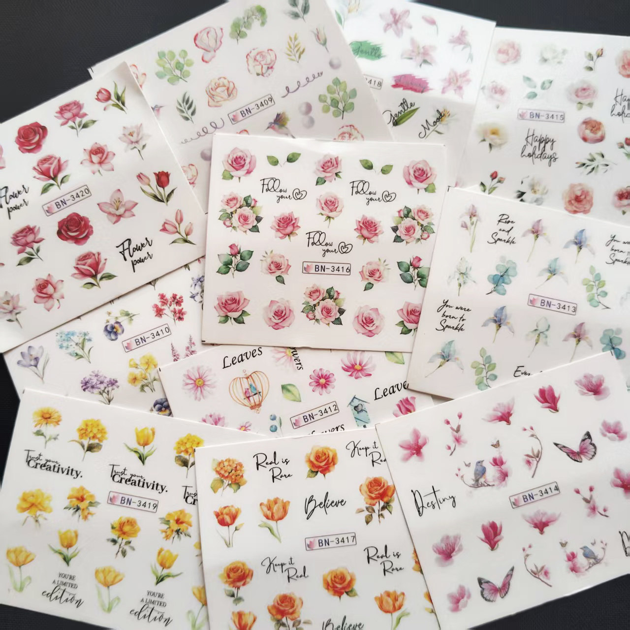 玫瑰花美甲贴纸水印贴花指甲贴片美甲工具